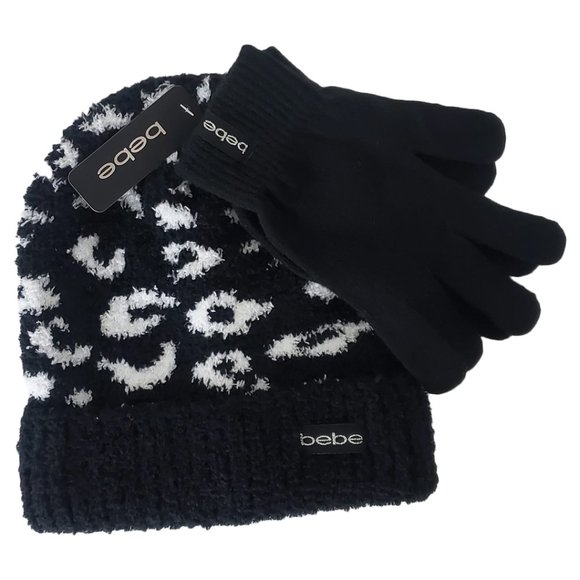 NWT BEBE AUTHENTIC WOMEN'S BLACK WHITE ANIMAL PRINT BEANIE HAT WITH GLOVES - Picture 2 of 4